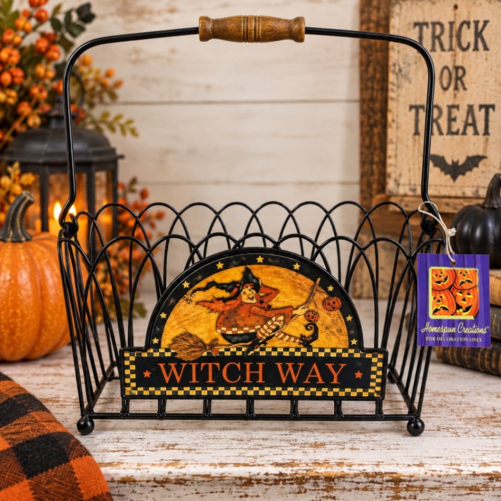 Homespun Creations Halloween Witch Way Wire Basket Primitive Folk Art Decor NWT